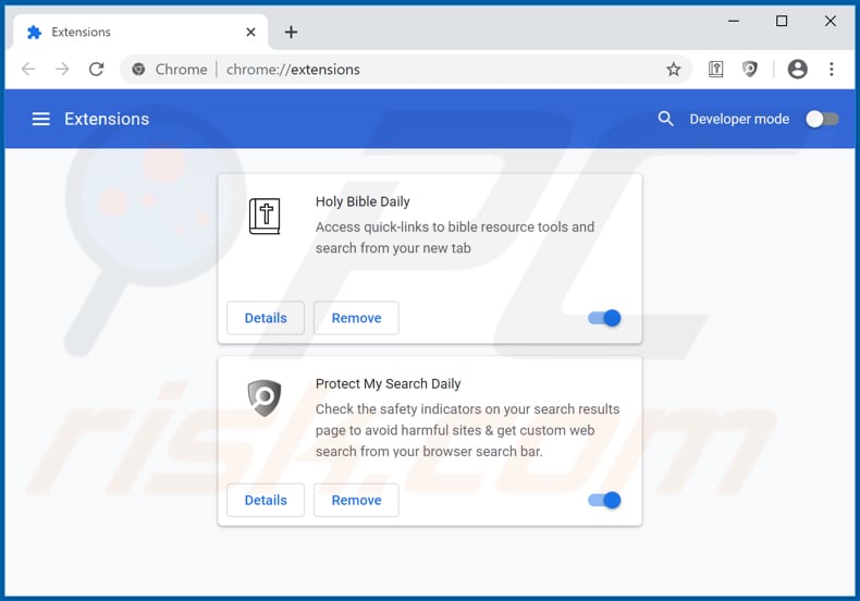 Removing holybibledaily.com related Google Chrome extensions