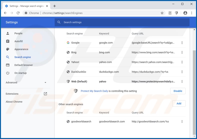 Removing holybibledaily.com from Google Chrome default search engine