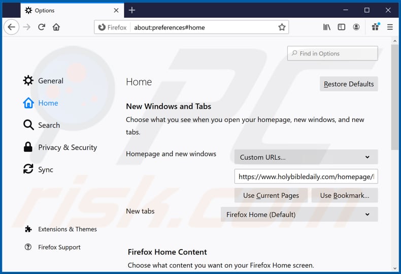 Removing holybibledaily.com from Mozilla Firefox homepage
