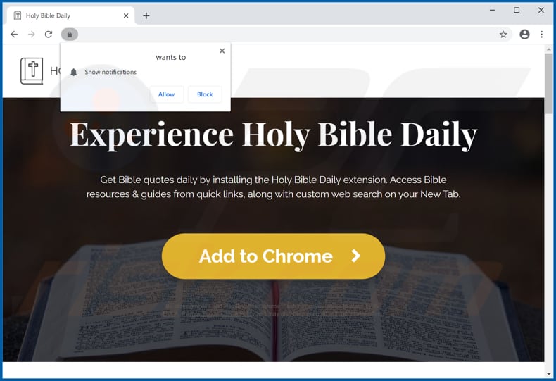 Website used to promote Holy Bible Daily browser hijacker