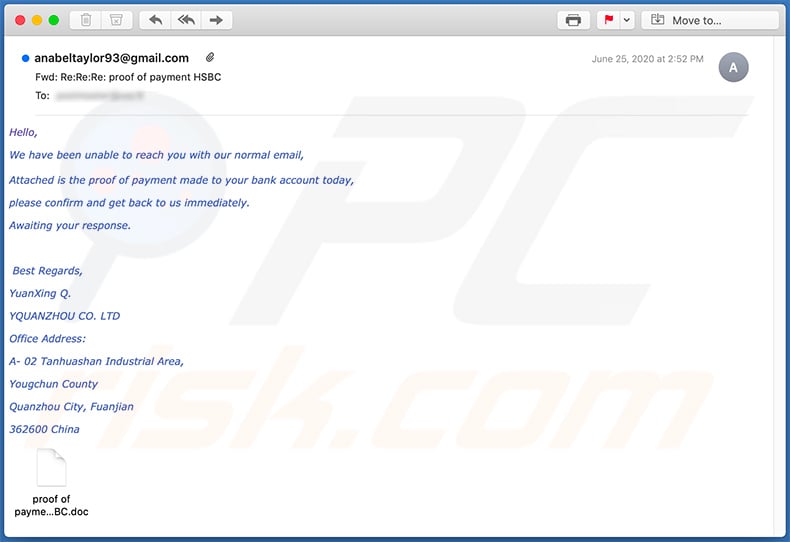 HSBC-themed spam email distributing the TrickBot malware (2020-06-29)