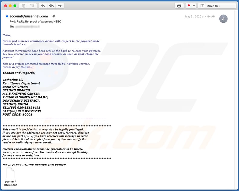 HSBC-themed spam email distributing a malicious attachment