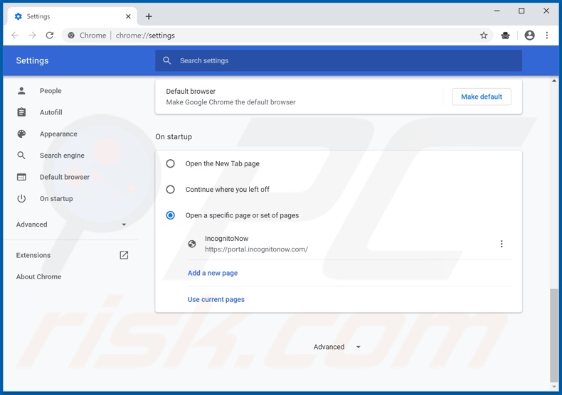 Removing incognitonow.com from Google Chrome homepage