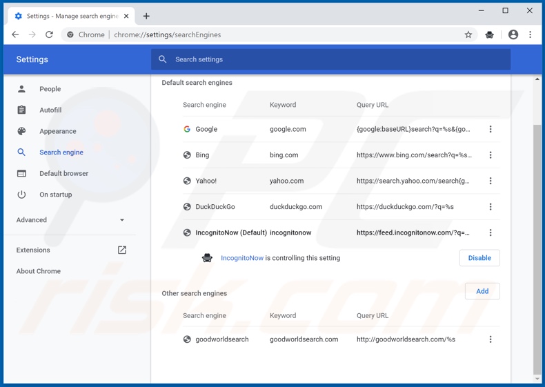 Removing incognitonow.com from Google Chrome default search engine