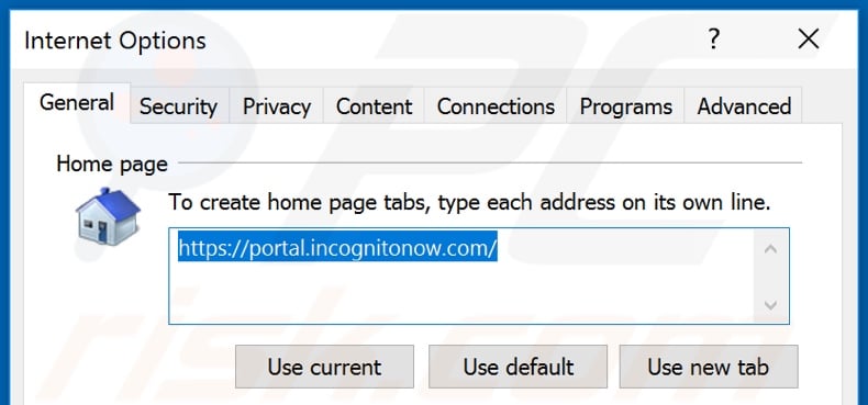 Removing incognitonow.com from Internet Explorer homepage
