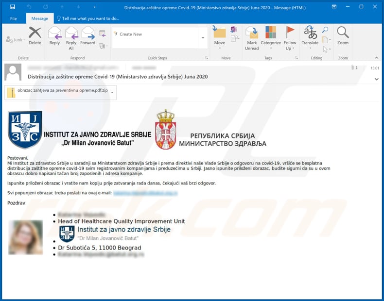 Institut za zdravstvo Srbije malware-spreading email spam campaign