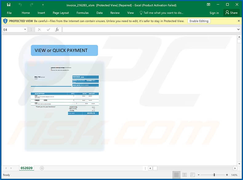 Malicious MS Excel document (Invoice_216283_.xlsm) distributed via Intuit-themed spam email