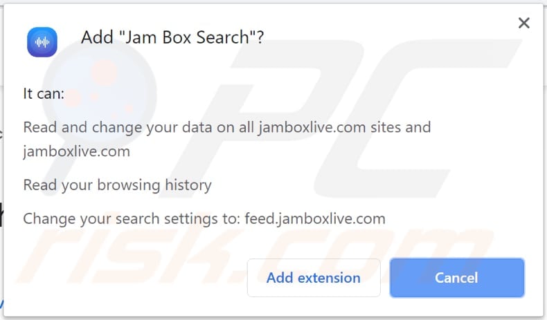 jam box search browser hijacker asks for a permission to be installed on chrome