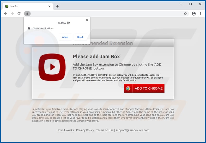 Website used to promote Jam Box Search browser hijacker