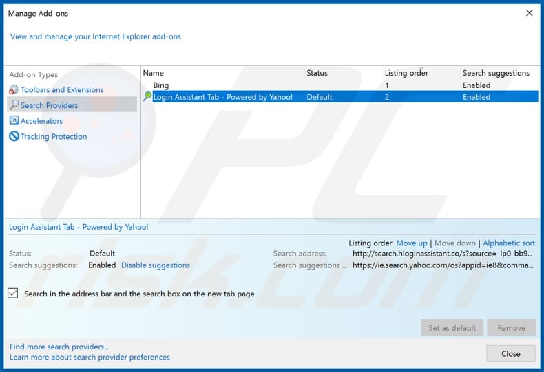Removing hp.hloginassistant.co from Internet Explorer default search engine
