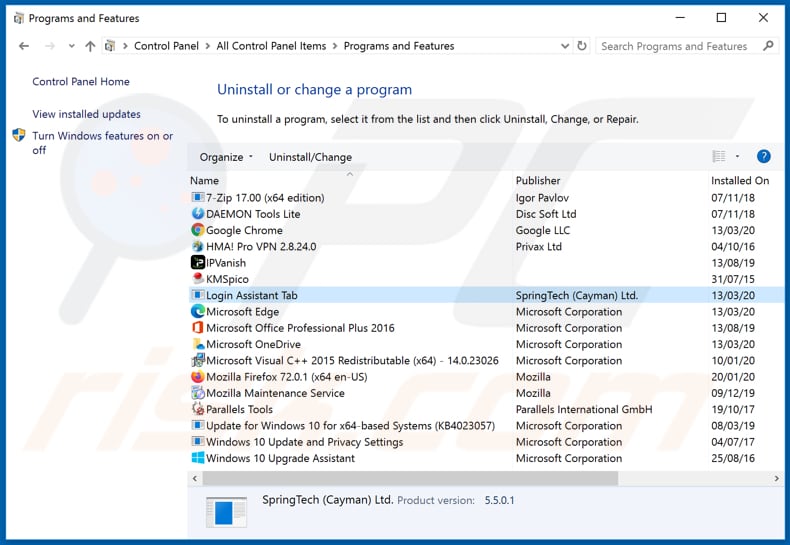 hp.hloginassistant.co browser hijacker uninstall via Control Panel