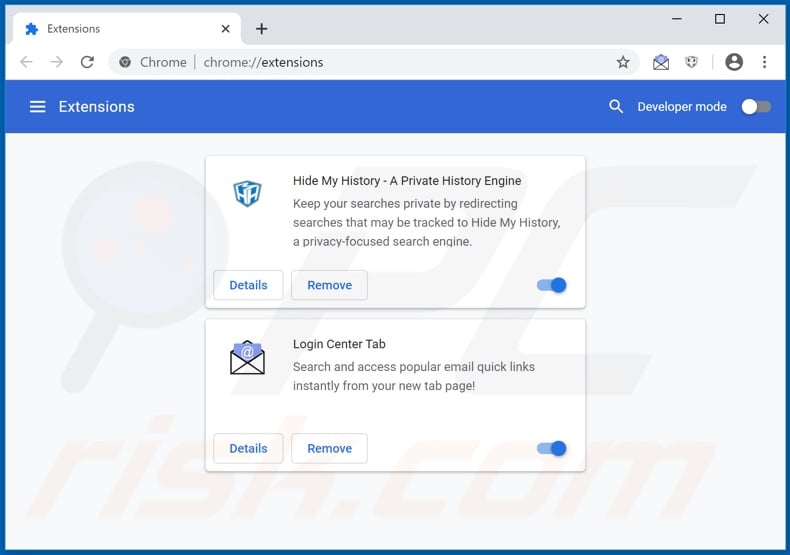 Removing hp.hlogincenter.co related Google Chrome extensions