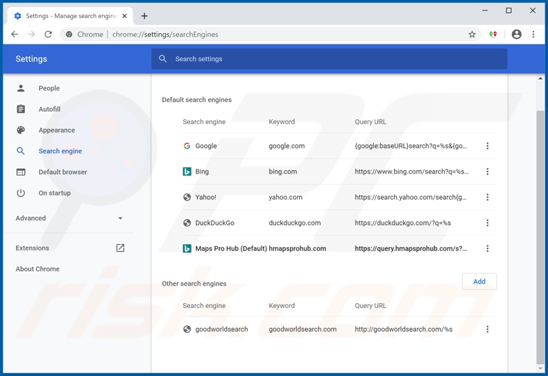 Removing hmapsprohub.com from Google Chrome default search engine