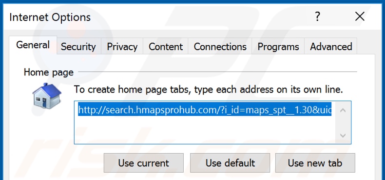 Removing hmapsprohub.com from Internet Explorer homepage