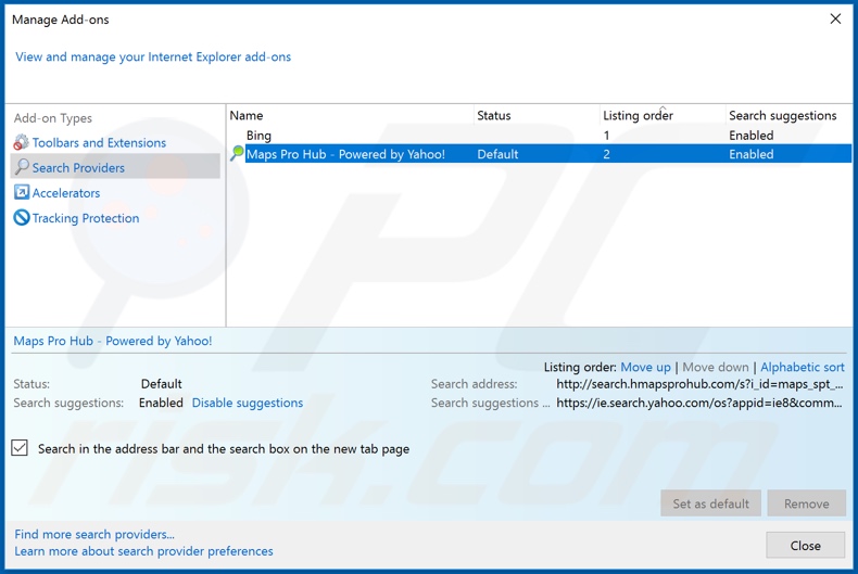 Removing hmapsprohub.com from Internet Explorer default search engine