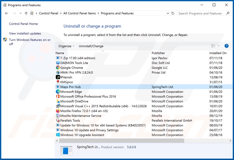 hmapsprohub.com browser hijacker uninstall via Control Panel