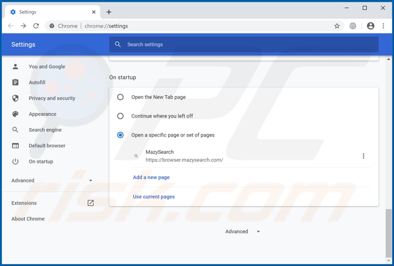 Removing browser.mazysearch.com from Google Chrome homepage