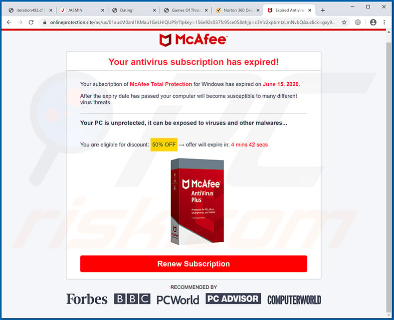 Your McAfee Subscription Has Expired pop-up scam displayed by onlineprotection.site