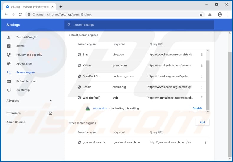 Removing mountainsext.store from Google Chrome default search engine