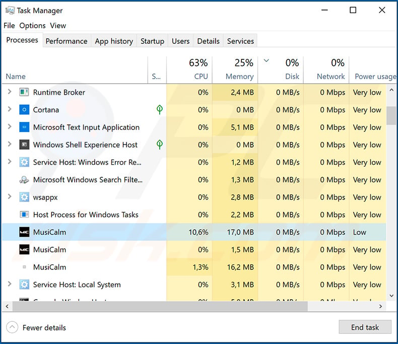 MusiCalm process in the Task Manager
