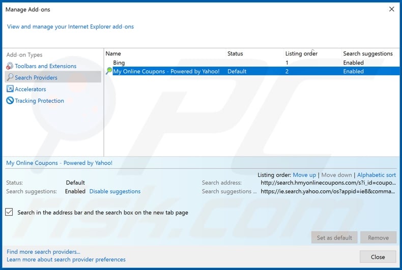 Removing hmyonlinecoupons.com from Internet Explorer default search engine