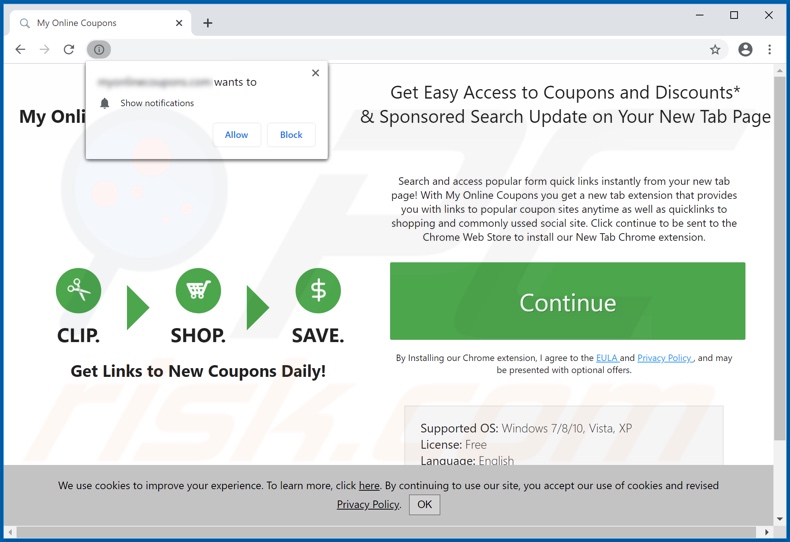 Website used to promote My Coupons Online browser hijacker