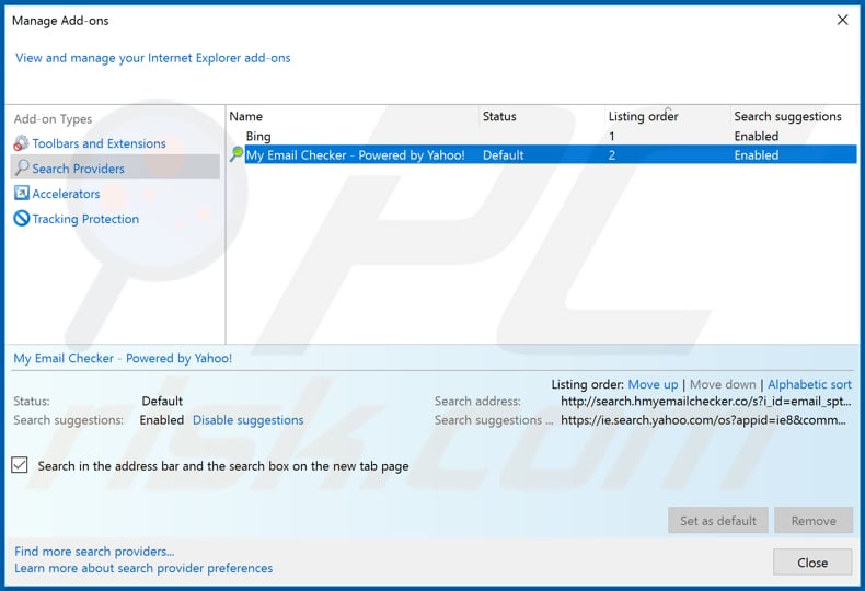 Removing hp.hmyemailchecker.co from Internet Explorer default search engine