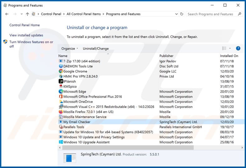 hp.hmyemailchecker.co browser hijacker uninstall via Control Panel