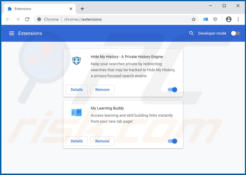 Removing hp.hmylearningbuddy.co related Google Chrome extensions