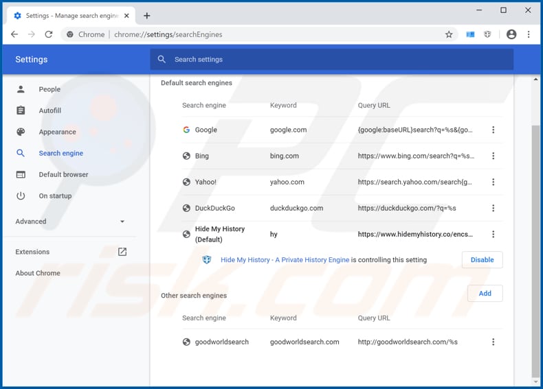 Removing hp.hmylearningbuddy.co from Google Chrome default search engine