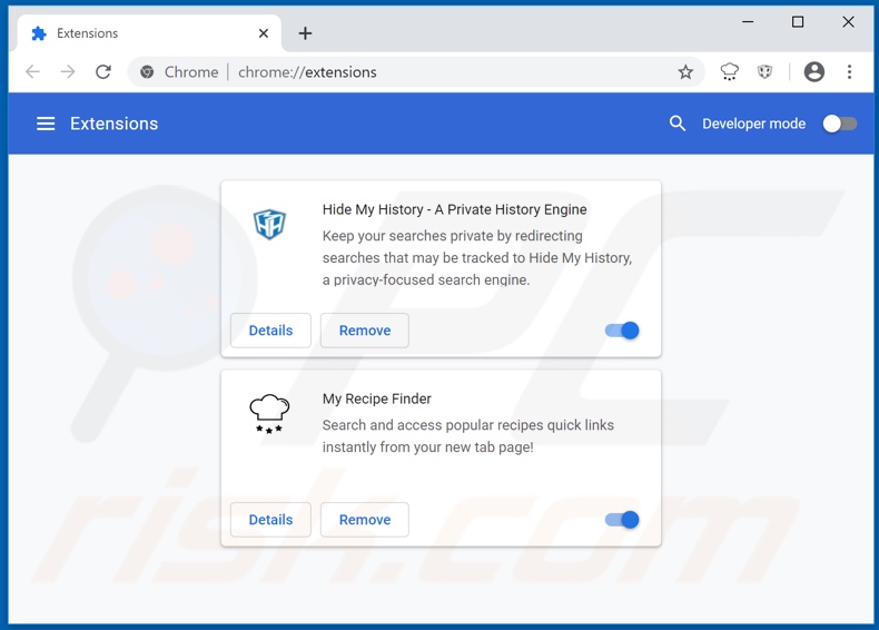 Removing hmyrecipefinder.co related Google Chrome extensions