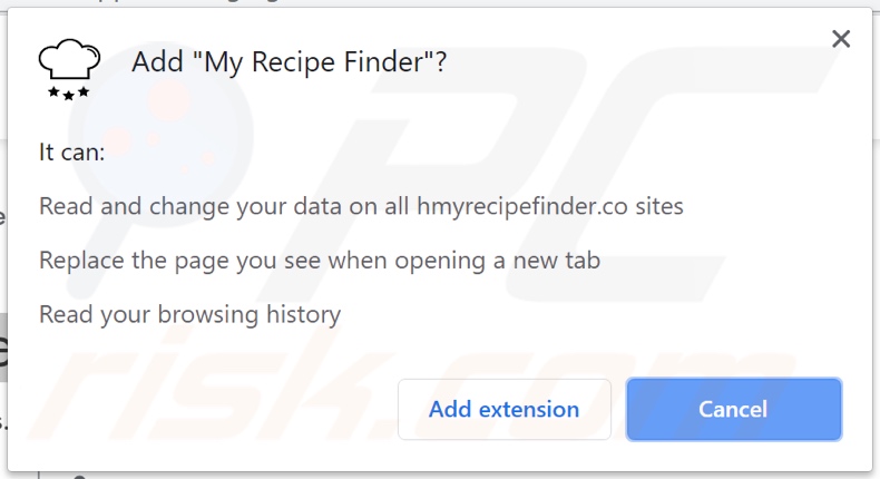My Recipe Finder browser hijacker asking for various permissions