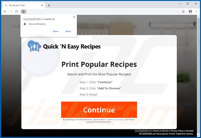 Website used to promote My Recipe Finder browser hijacker