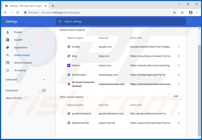 Removing mysmartconverter.com from Google Chrome default search engine