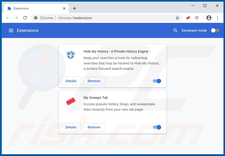 Removing hmysweepstab.com related Google Chrome extensions