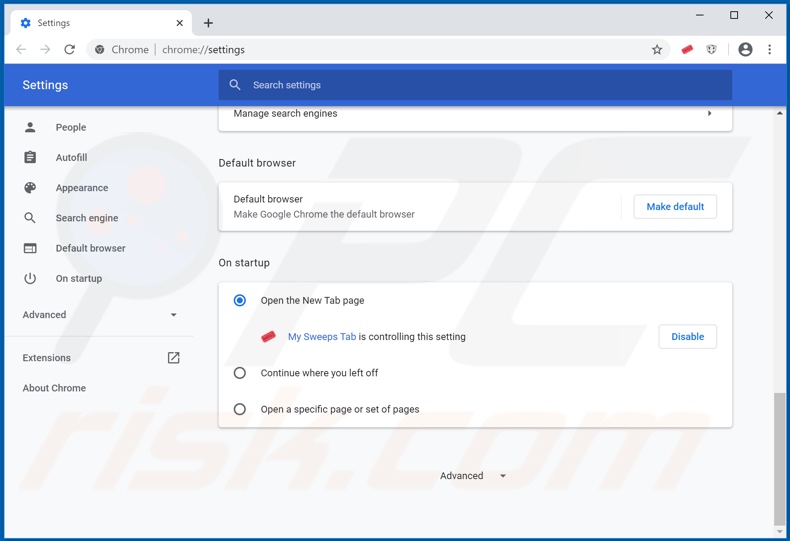 Removing hmysweepstab.com from Google Chrome homepage