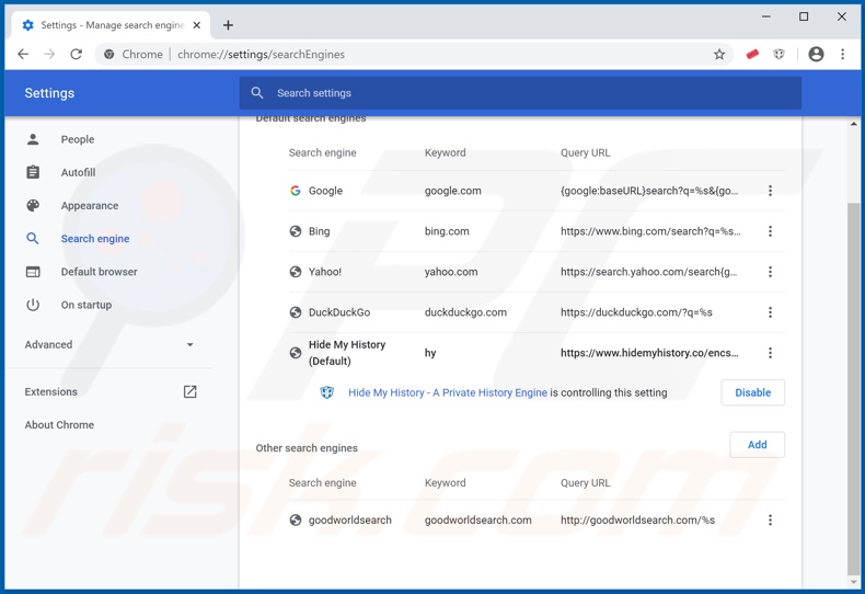 Removing hmysweepstab.com from Google Chrome default search engine