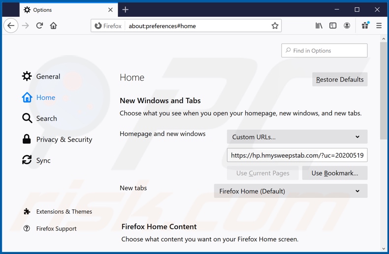 Removing hmysweepstab.com from Mozilla Firefox homepage