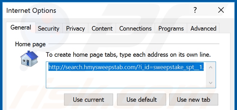 Removing hmysweepstab.com from Internet Explorer homepage