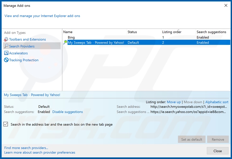 Removing hmysweepstab.com from Internet Explorer default search engine