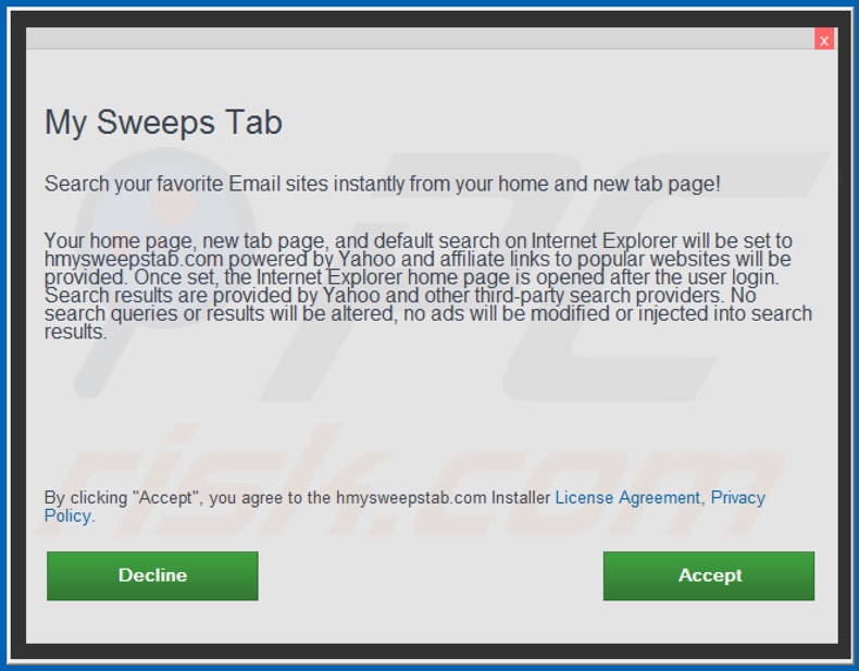 Official My Sweeps Tab browser hijacker installation setup