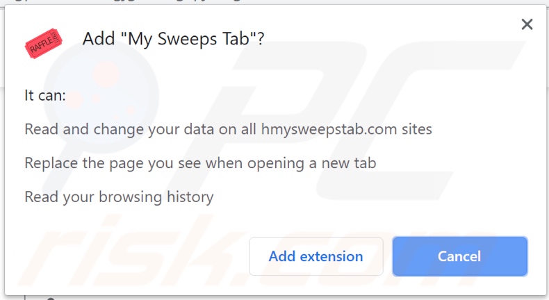 My Sweeps Tab browser hijacker asking for permissions