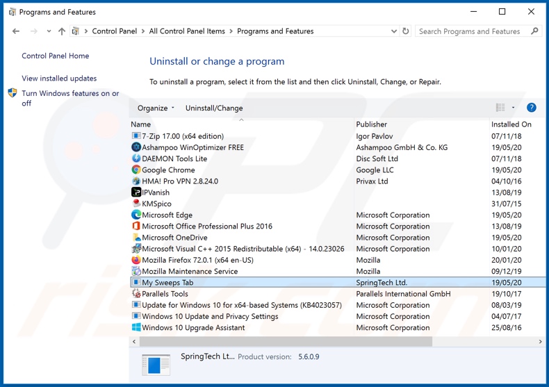 hmysweepstab.com browser hijacker uninstall via Control Panel