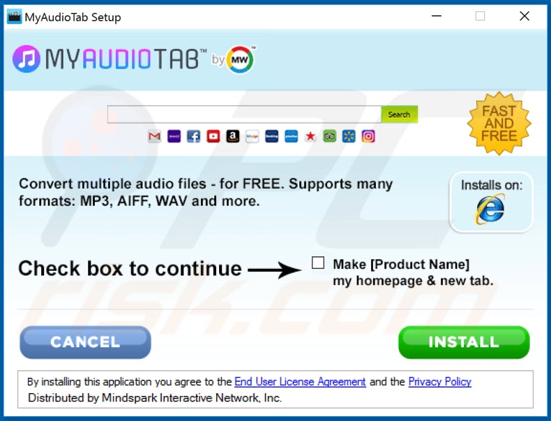 Official MyAudioTab browser hijacker installation setup