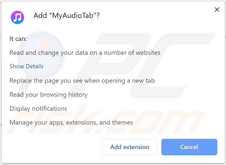 myaudiotab toolbar asks for a permission to be installed