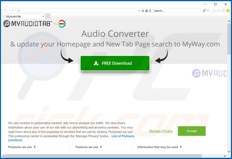 Website used to promote MyAudioTab browser hijacker