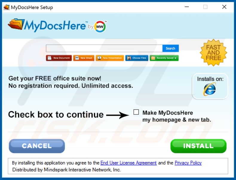 Official MyDocsHere browser hijacker installation setup