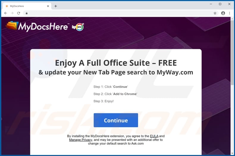 Website used to promote MyDocsHere browser hijacker
