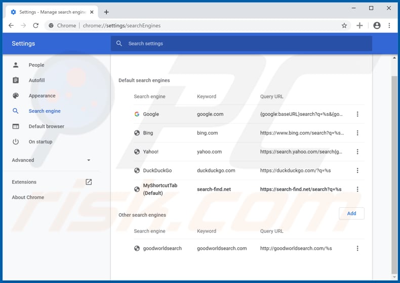 Removing search-find.net from Google Chrome default search engine