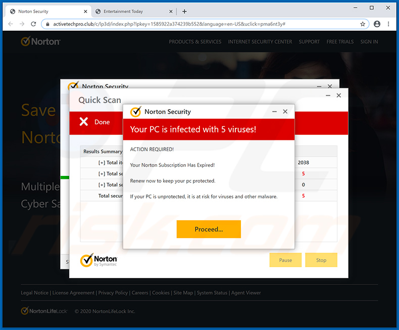 Norton Subscription Has Expired Today pop-up scam displayed by activetechpro.club